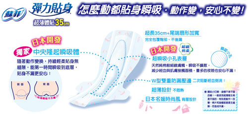 蘇菲彈力貼身超薄體貼系列夜用型潔翼35cm衛生棉，W型雙重防漏壓邊，不後漏的尾端扇型加寬設計，超完美貼身不漏