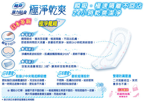 林依晨代言蘇菲彈力貼身極淨乾爽系列日用超薄型基本23cm衛生棉，瞬吸、極速隔離不回沾，24小時乾爽潔淨