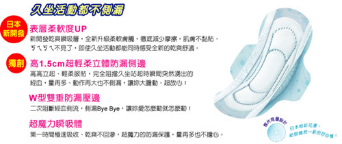 蘇菲立體防漏側邊動感記形系列日用超薄型潔翼23cm衛生棉，表層柔軟度up、超輕柔，W型雙重防漏壓邊，久坐活動都不側漏